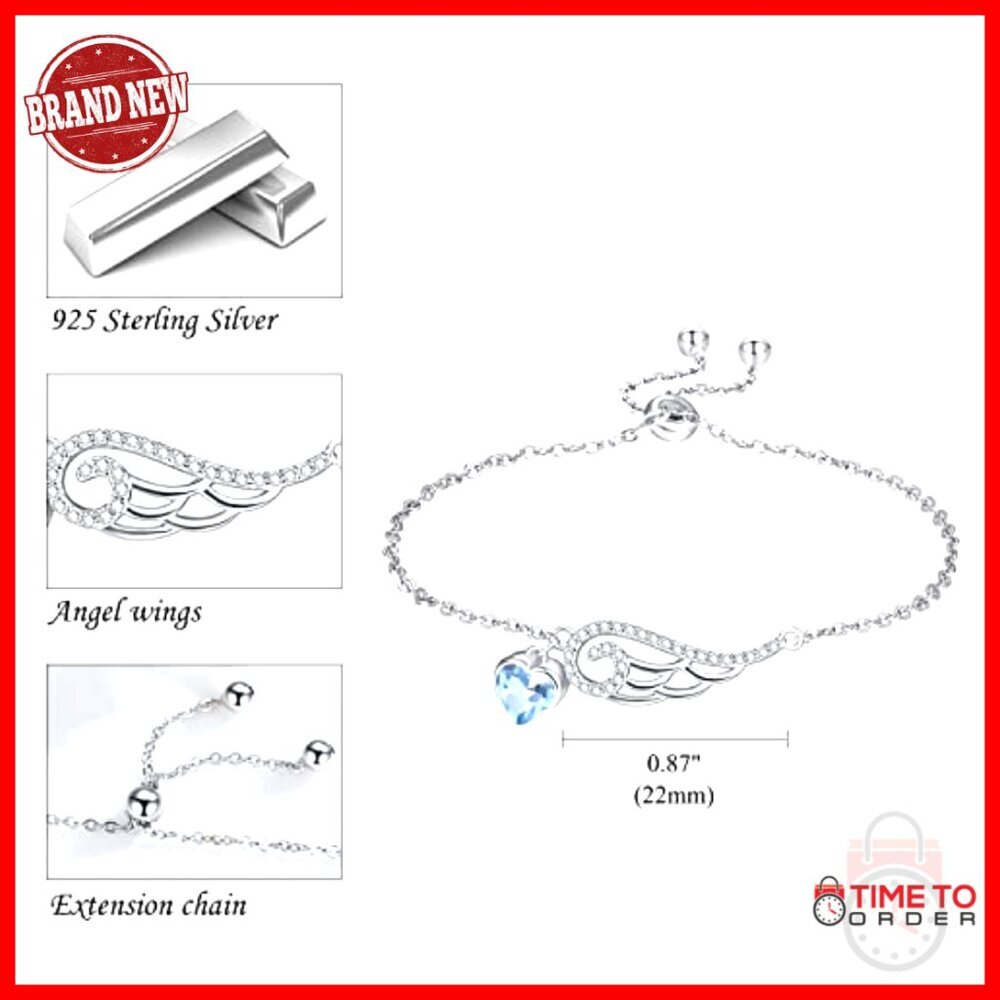 925 Sterling Silver Angel Wing Bracelet Adjustable Heart Birthstone Jewelry Gift - Picture 3 of 7